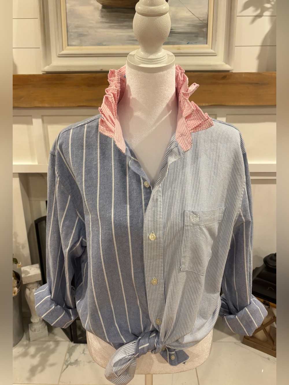 Custom upcycled blue stripe & pink gingham Button Down with Ruffle Collar